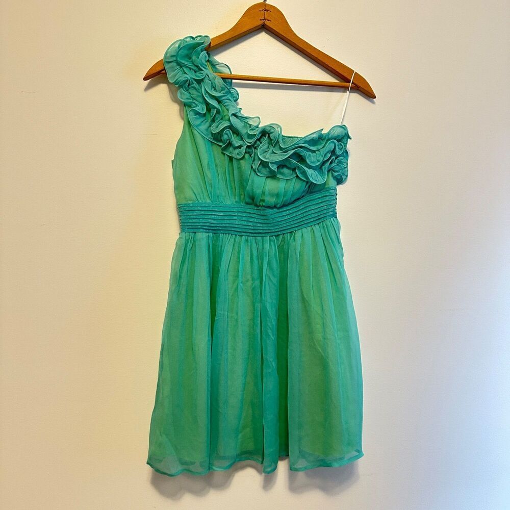 Minuet Sea Foam Green Silk One Shoulder Ruffle Dress Sz S Formal Event Cocktail